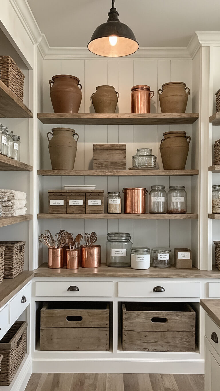 Organized 8x10 farmhouse pantry with open shelves, antique crocks, modern glass containers, copper measuring cups, and vintage lighting.