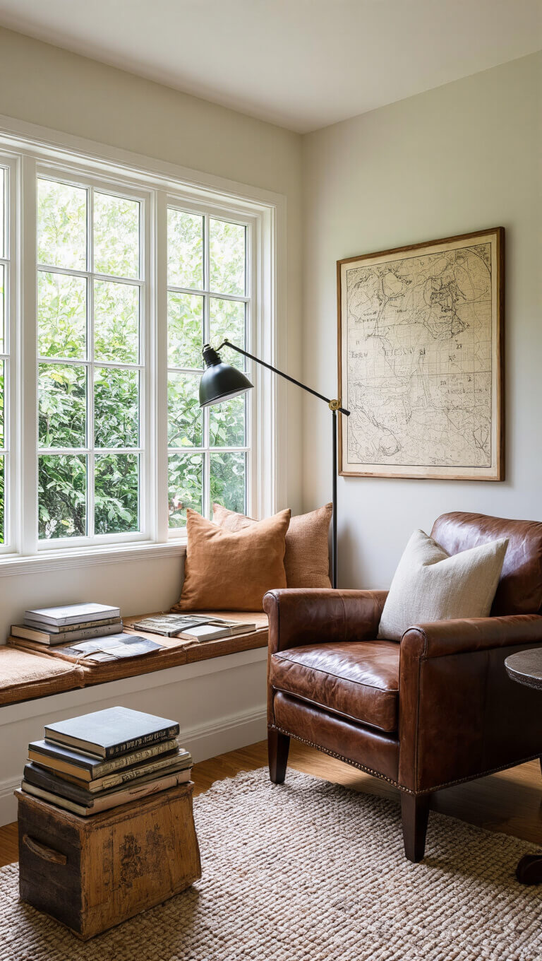 Cozy 8x8ft reading nook with built-in window seat, vintage leather chair, antique side table stacked with books, contemporary art and vintage maps, bathed in late afternoon garden light.