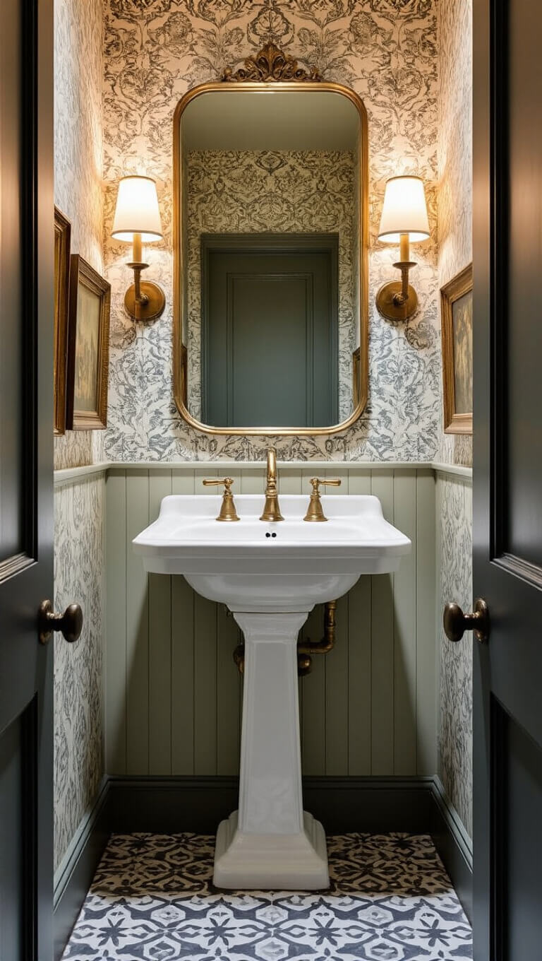 Farmhouse powder room with vintage pedestal sink, antique brass mirror, modern sconces, geometric wallpaper, and vintage art, viewed from doorway.