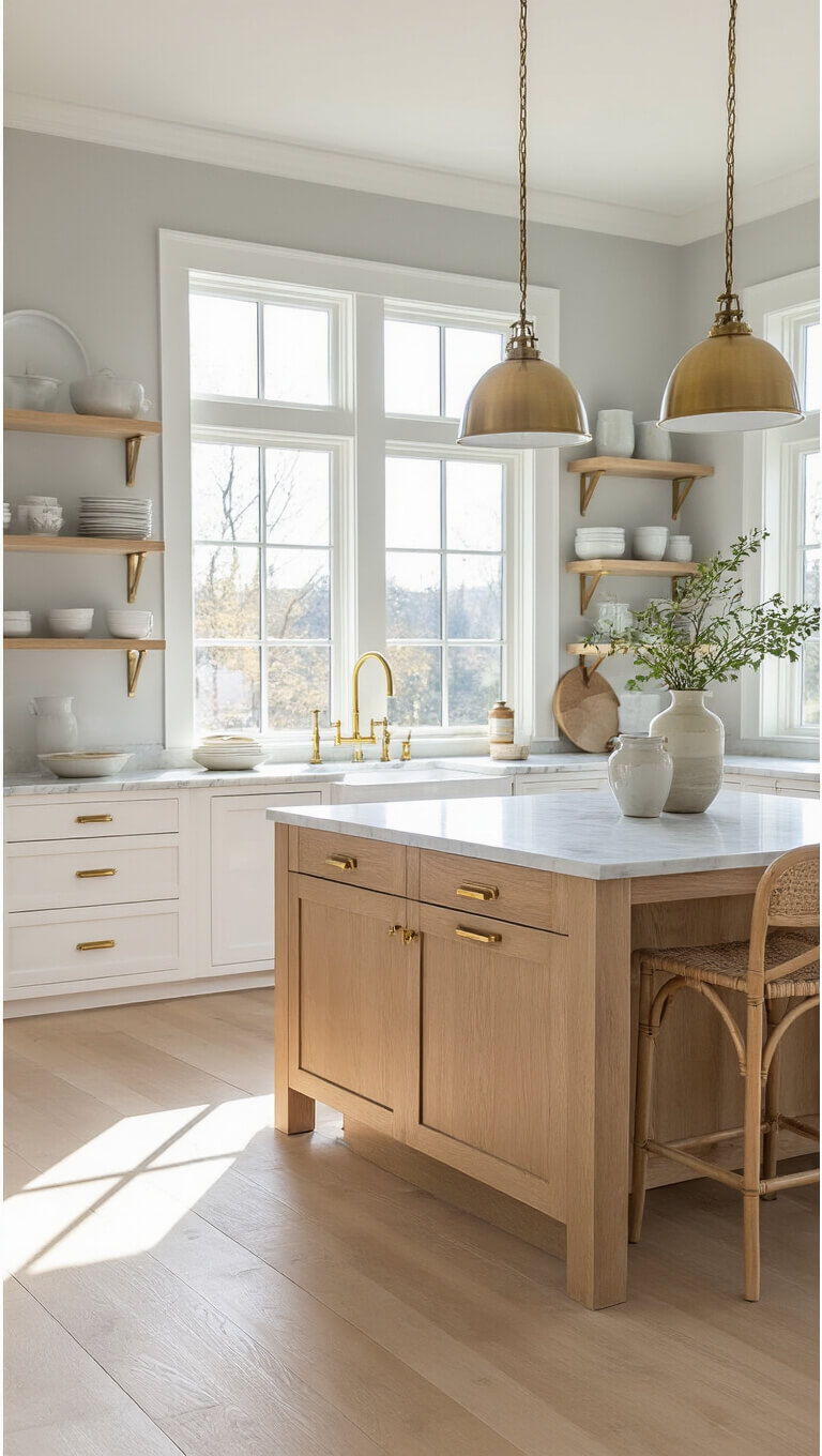 Nordic kitchen with white shaker cabinets, blonde oak island, and brass accents bathed in golden hour sunlight through west-facing windows.