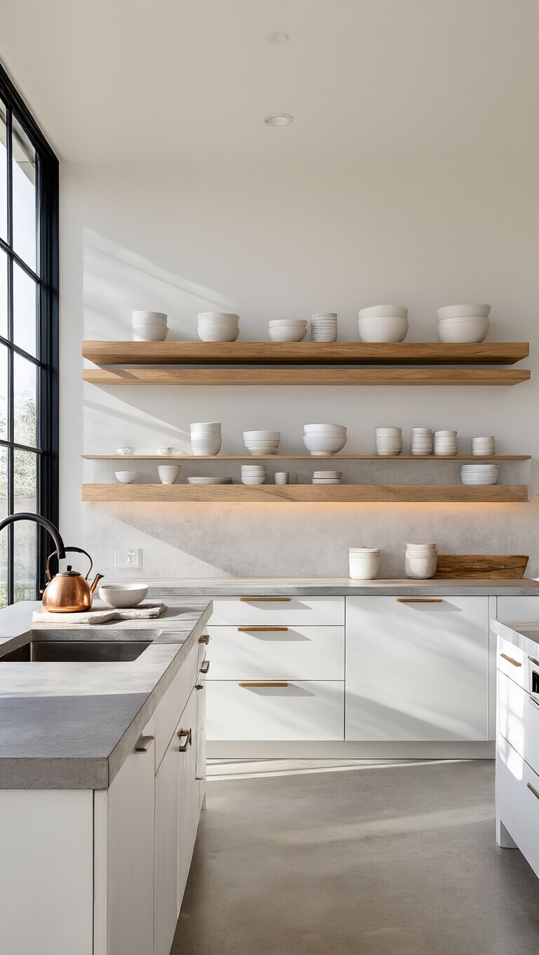 Minimalist kitchen with floor-to-ceiling windows, matte white cabinets, ash wood shelves, concrete countertops, and copper coffee station in morning light.
