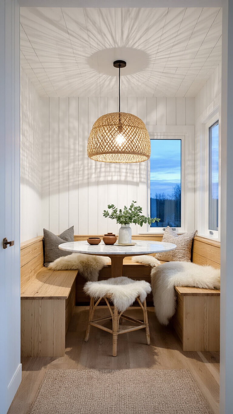 Intimate Nordic kitchen nook with pine bench, sheepskin throws, round marble table, rattan pendant light, shiplap walls, pottery, and eucalyptus at dusk.