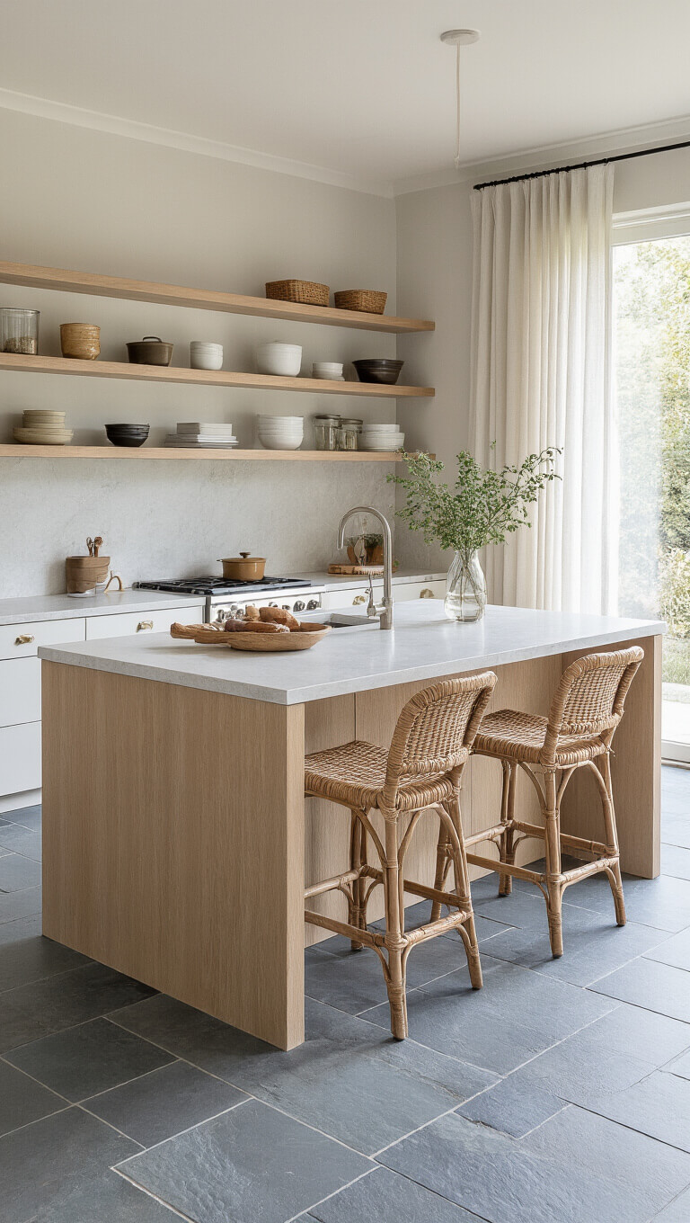 Corner kitchen with slate floors, white oak cabinets, quartz waterfall island, rattan barstools, floating shelves, and natural light through sheer curtains.