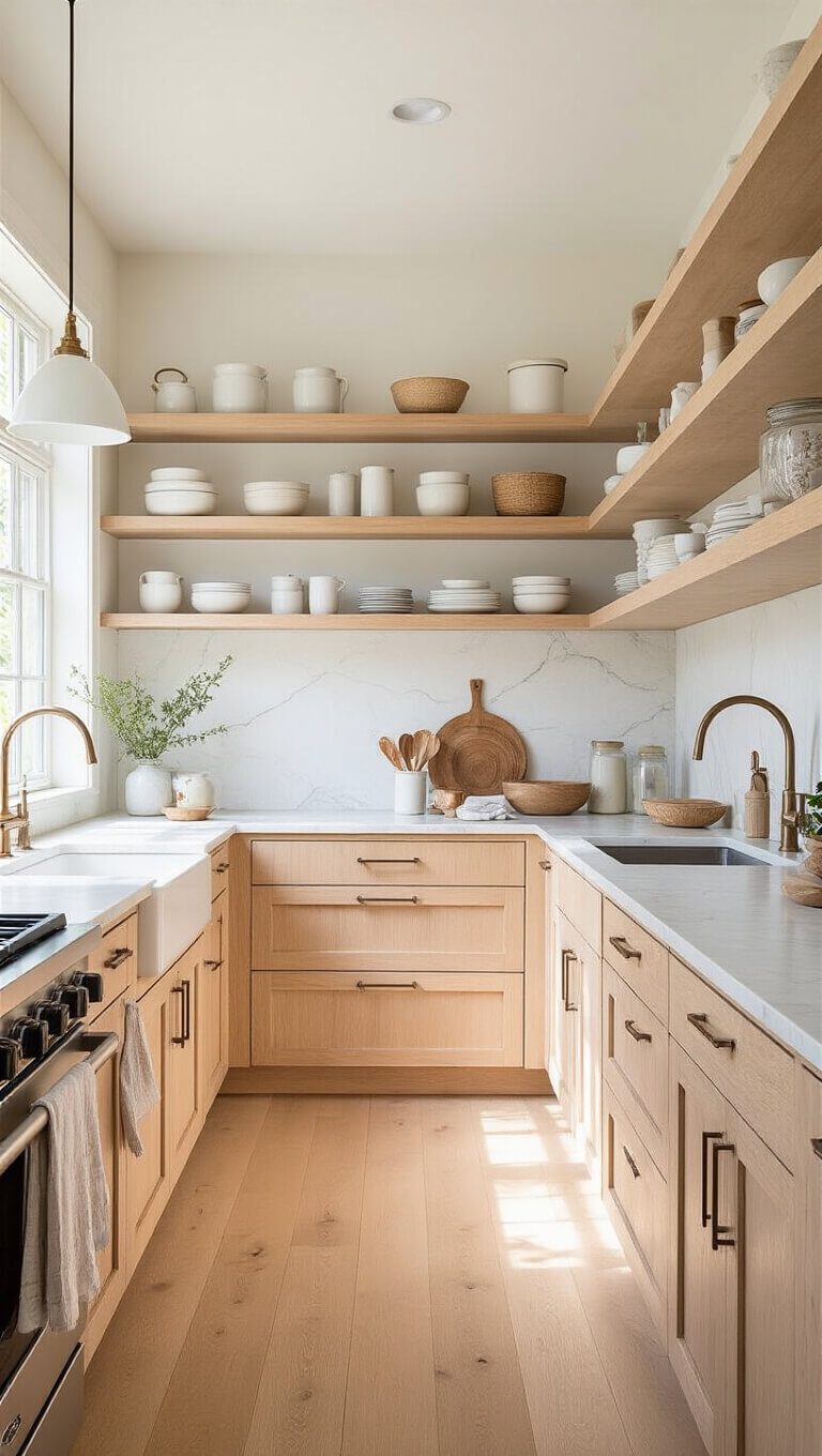 Wide-angle view of a bright galley kitchen with bleached oak pull-out pantries, marble countertops, open shelving, and morning side light highlighting textures.