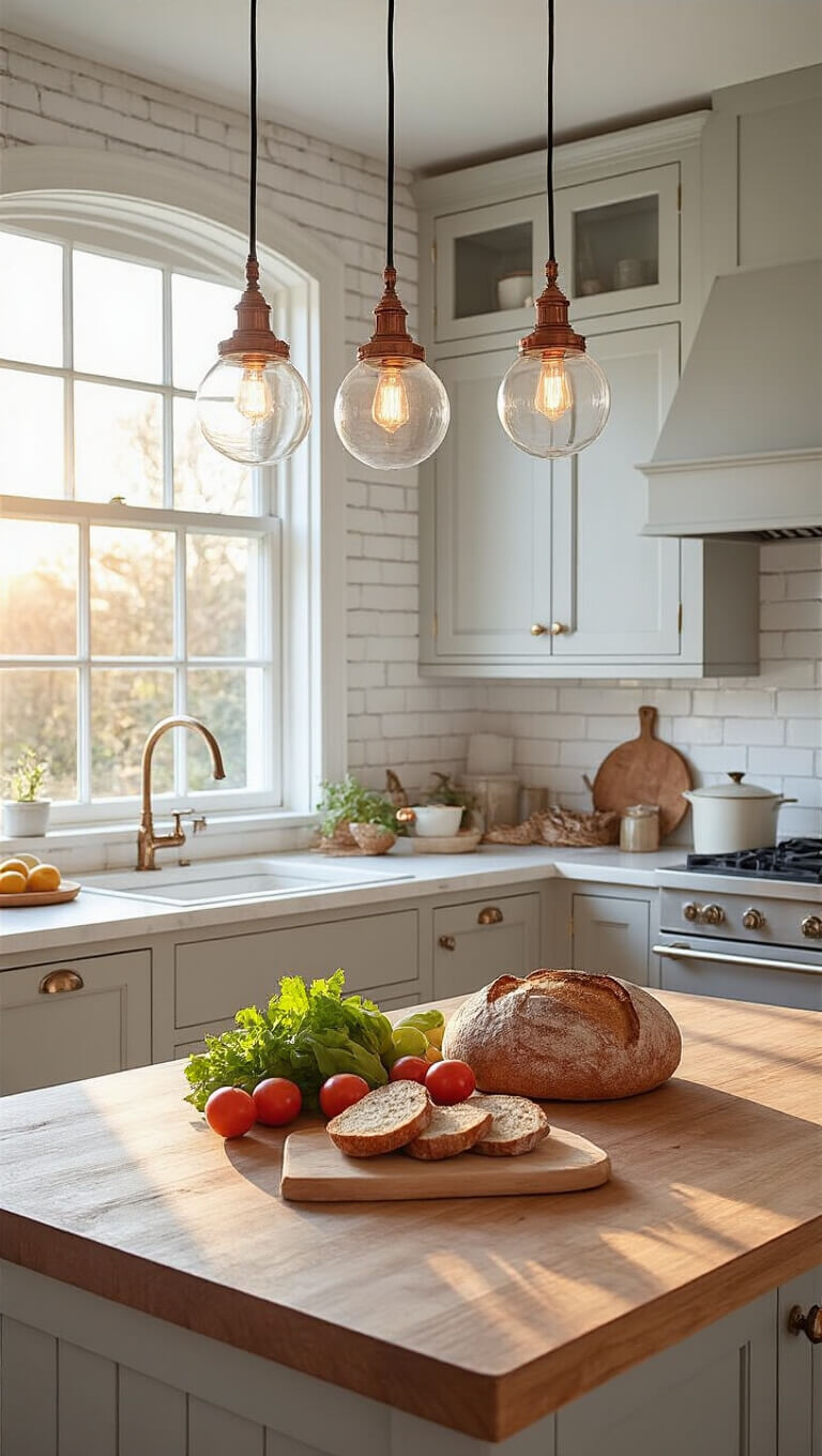 Sunlit kitchen with pale grey cabinets, white-washed brick walls, butcher block island topped with fresh produce and sourdough, and copper-glass pendant lights.