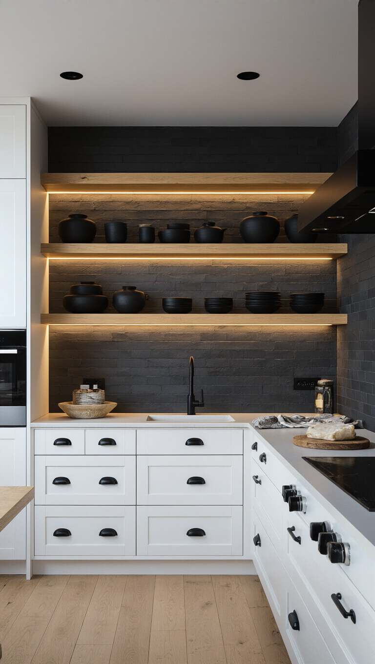 Modern Nordic kitchen at twilight with white cabinetry, matte black hardware, blonde wood shelves holding black stoneware, and a slate backsplash under dramatic mixed lighting.