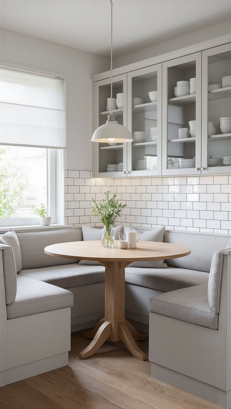 Compact Nordic kitchen with built-in light grey banquette, round oak table, white subway tile walls, glass-front cabinets displaying white dinnerware, and soft afternoon light filtering through roller shade.
