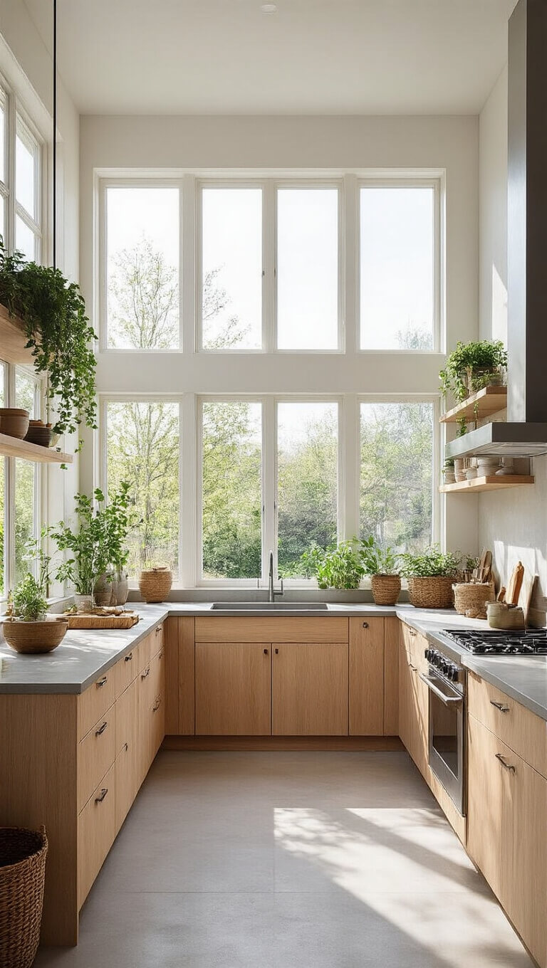 L-shaped Nordic kitchen with white oak cabinets, concrete countertops, tall windows, and natural decor in bright noon light.