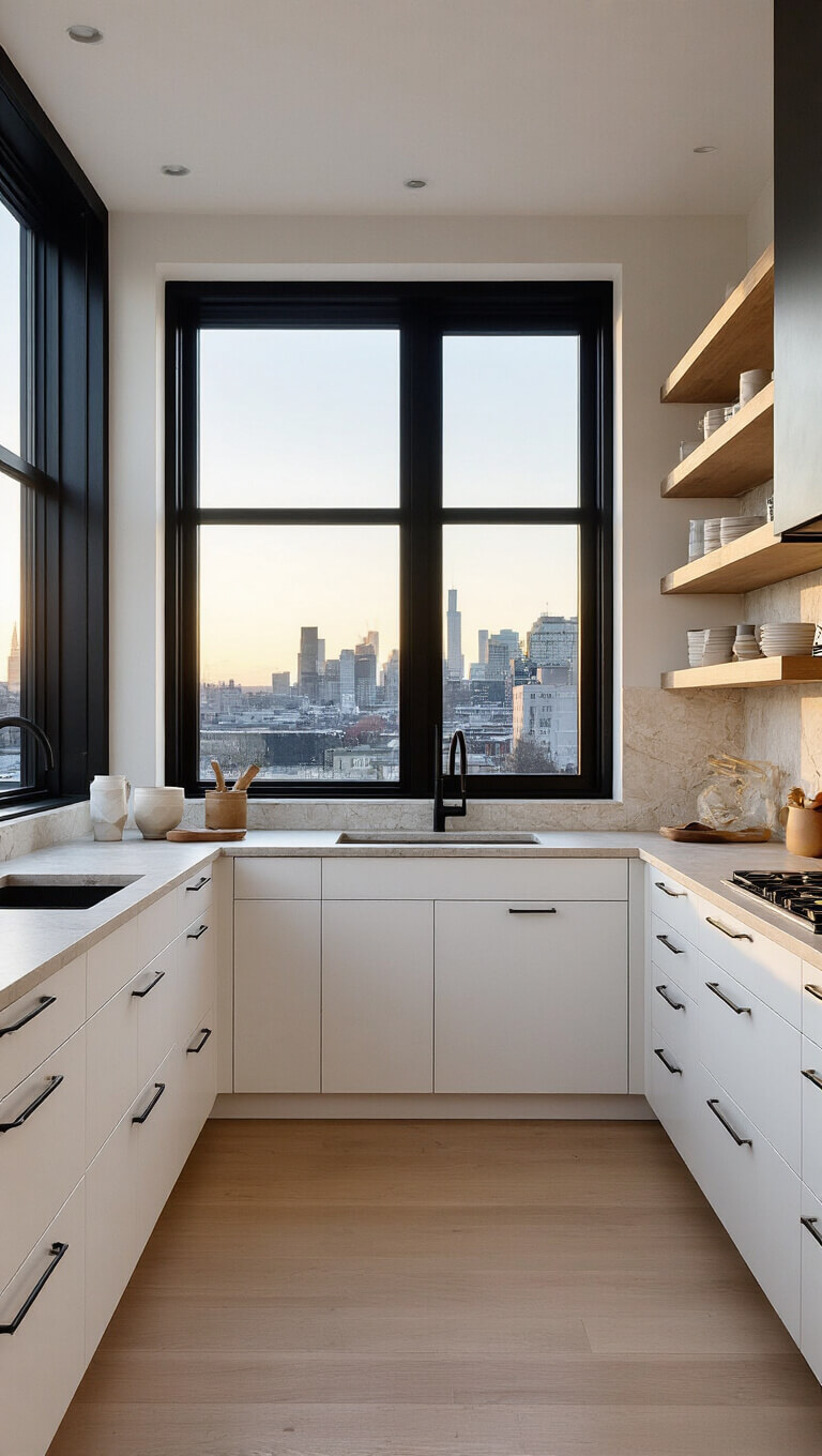 Urban Nordic kitchen with white cabinets, light wood accents, and stone countertops, backlit by golden hour light through industrial black-frame windows.
