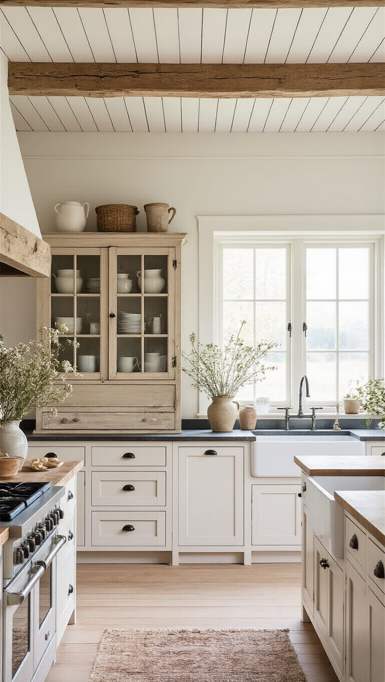 Farmhouse Nordic kitchen with exposed wooden beams, vintage pine hutch, modern white cabinetry, soapstone counters, and a farmhouse sink, bathed in soft morning light.