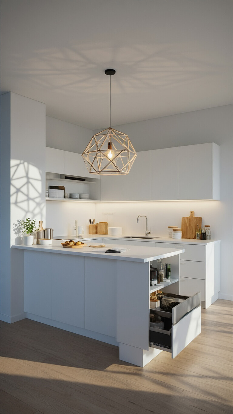 Studio Nordic kitchen with white surfaces, pull-out counters, hidden storage, and geometric pendant lighting at blue hour.