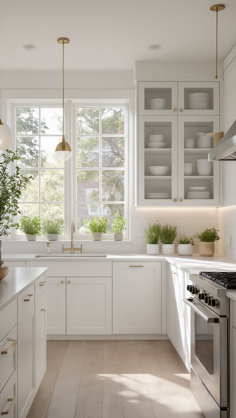 Modern minimalist 8x10ft single-wall kitchen with matte white floor-to-ceiling cabinets, stainless steel appliances, large window over sink, quartz countertops, glass-front cabinets, under-cabinet LED lighting, brass pendant light, and potted herbs on windowsill in bright early morning light.