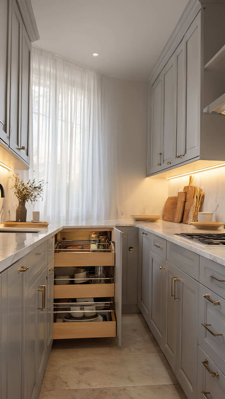 Galley-style kitchen with pearl gray cabinetry, marble-look countertops, and golden hour lighting filtering through sheer curtains, showcasing organized drawers and a pull-out pantry in a warm, efficient space.