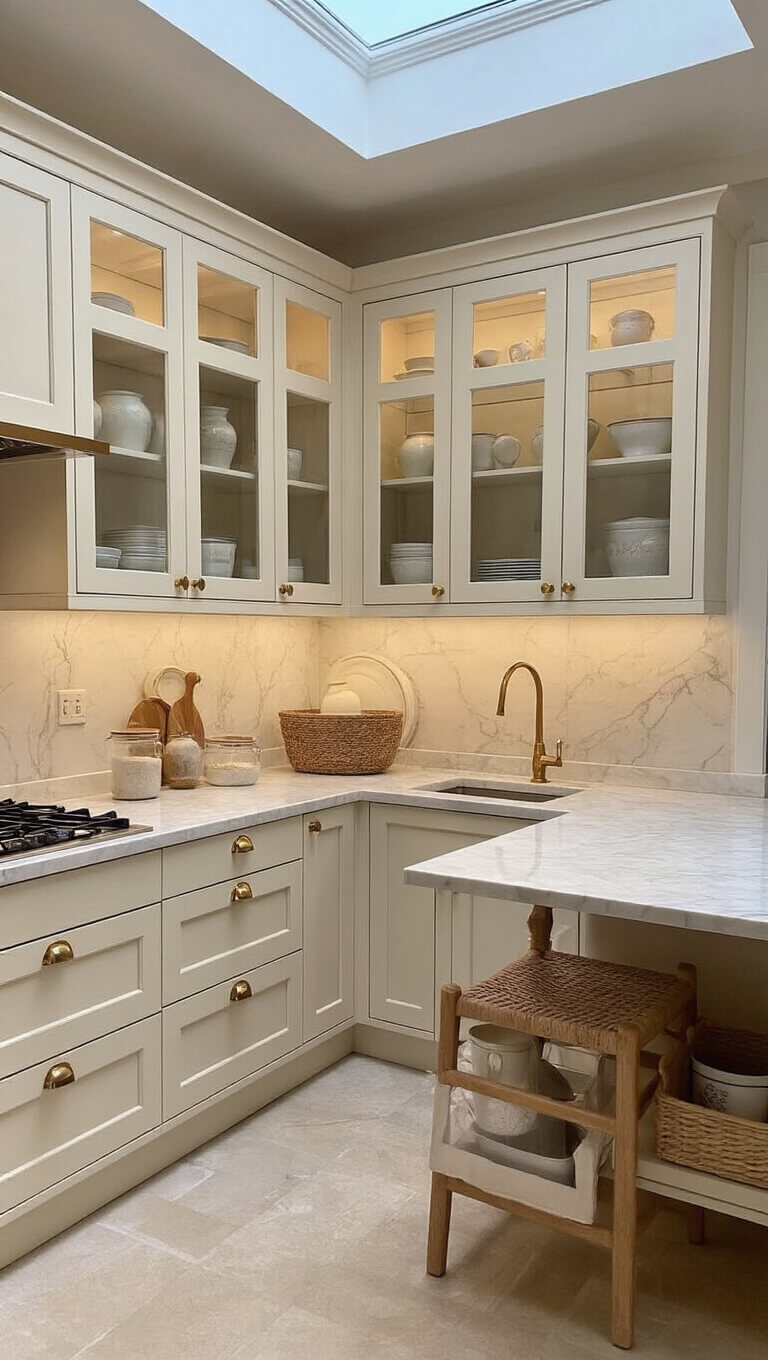 Elegant L-shaped 10x10ft kitchen with cream cabinets, brass handles, marble backsplash, vintage pottery in glass-front cabinets, floating shelves with clear canisters, collapsible dining table, and skylight-lit mid-morning ambiance.