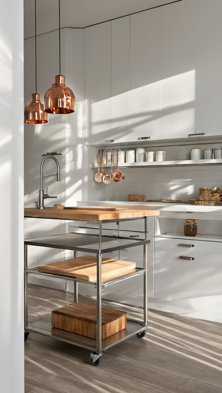 Compact modern 7x9ft kitchen with white floor-to-ceiling cabinets, rolling butcher block island, copper accents, and dramatic afternoon sunlight.
