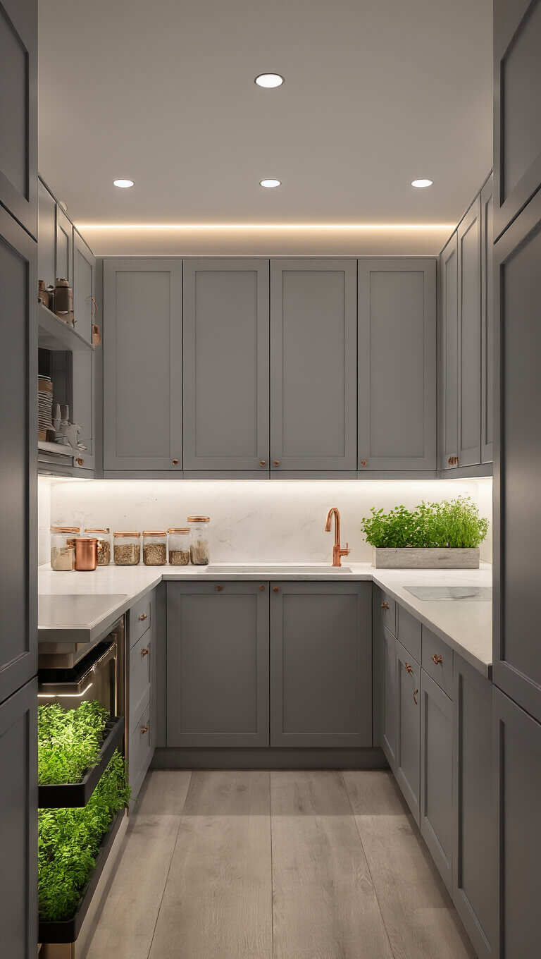 Minimalist 5x11ft galley kitchen with dove gray cabinets, quartz counters, fold-down workspace, glass canisters, copper accents, and LED-lit herb garden under cozy dusk lighting.