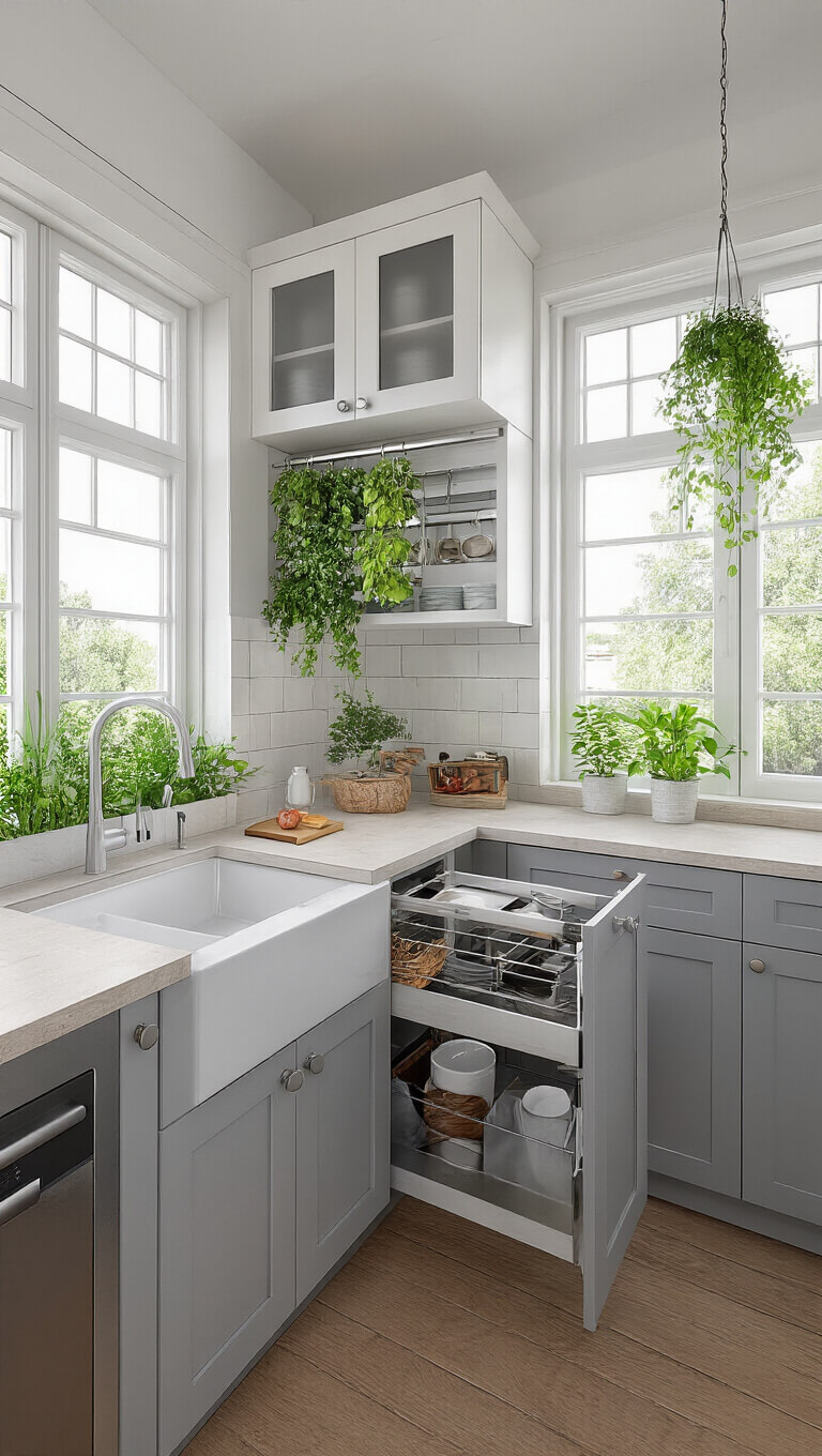 Modern 9x9ft L-shaped kitchen with white frosted-glass upper cabinets, gray lower cabinets, stainless appliances, pull-out pantry, hanging herb garden above sink, and morning light from corner windows.
