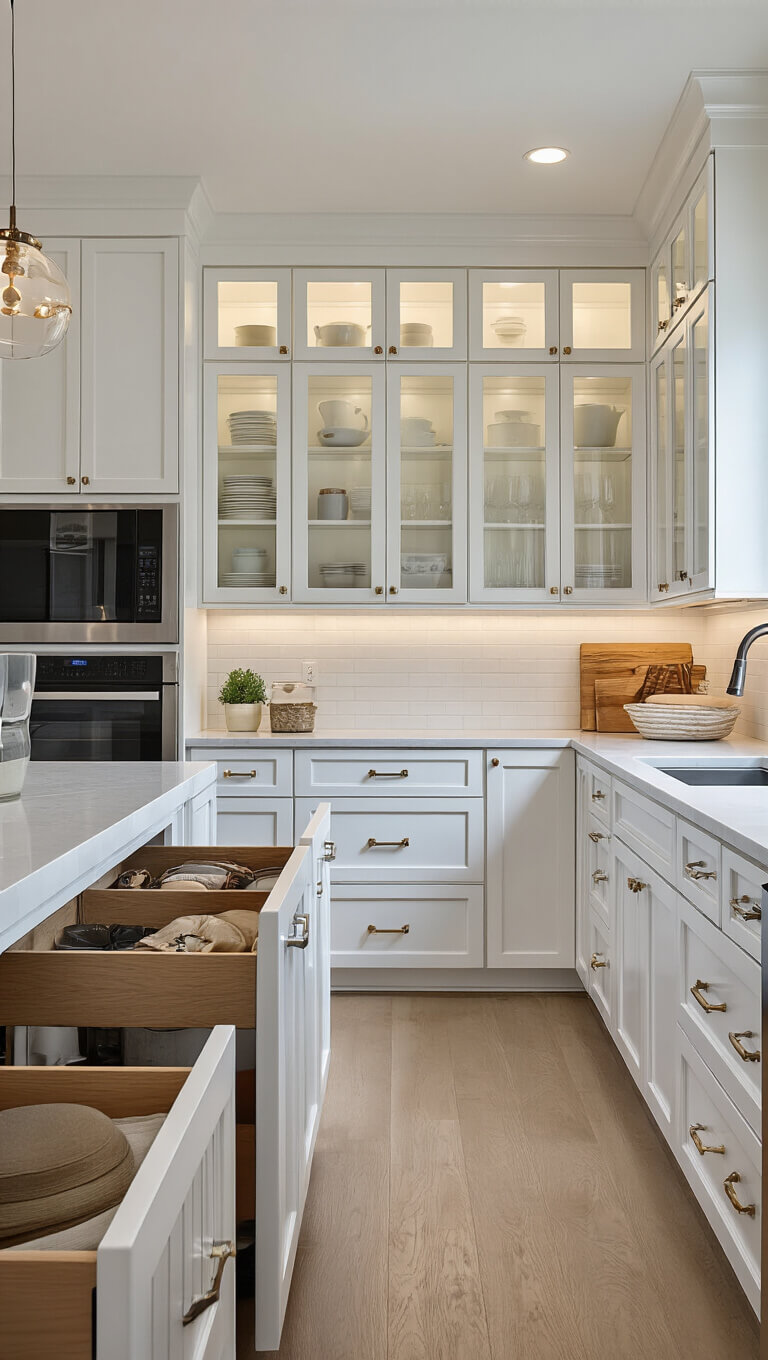 Compact 6x8ft single-wall kitchen with sleek white floor-to-ceiling cabinetry, hidden hardware, illuminated glass-front display, folded-down dining bar, mixed metal accents, and organized drawers, bathed in late afternoon side lighting.