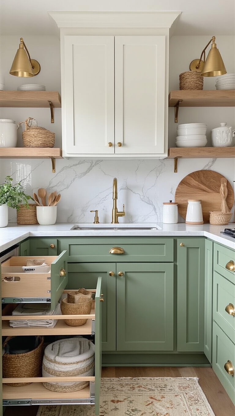 Compact 7x10 ft galley kitchen with white upper and sage green lower cabinets, marble-look counters, brass fixtures, and styled open shelving in soft morning light.