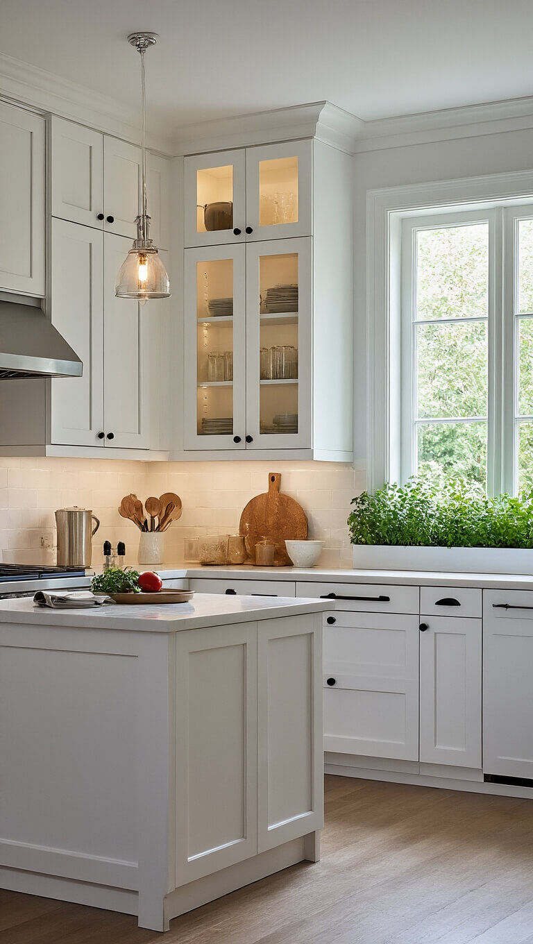 Bright modern U-shaped 8x8ft kitchen with white cabinets, black hardware, glass-lit corner units, rolling island, metallic accents, and herb garden on windowsill.