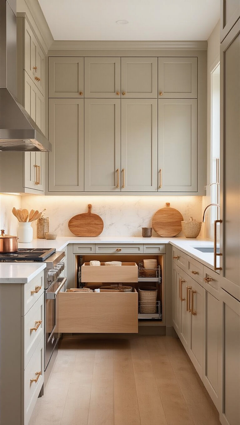 Linear 5x12ft kitchen with greige cabinets, quartz surfaces, copper and wood accents, and warm golden hour lighting.