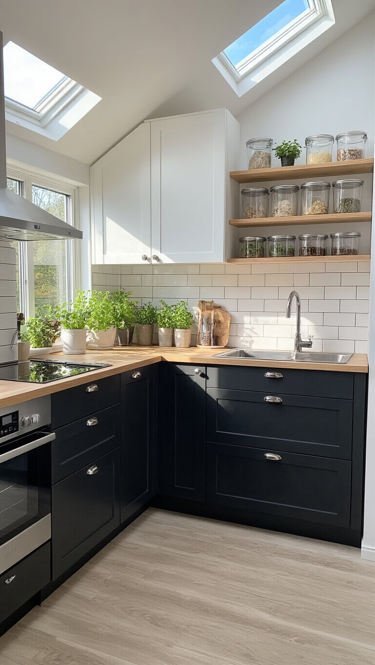 Contemporary 9x9ft corner kitchen with white upper cabinets, dark lower cabinets, stainless steel appliances, convertible workspace, glass storage on open shelves, potted herbs, and morning light through skylights.