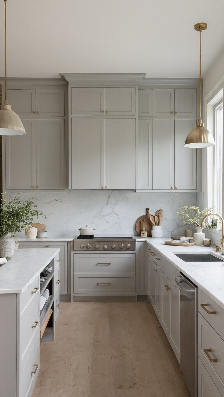 Minimalist single-wall kitchen with light gray floor-to-ceiling cabinets, hidden storage solutions open, marble counters and backsplash, mixed metal fixtures, and curated decor in soft late morning light.