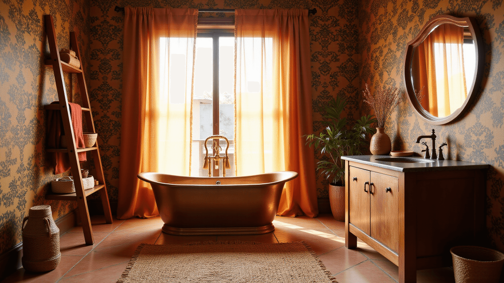 "Bohemian styled bathroom with copper tub, African patterned wallpaper, vintage vanity and layered textures in warm, golden-hour lighting"