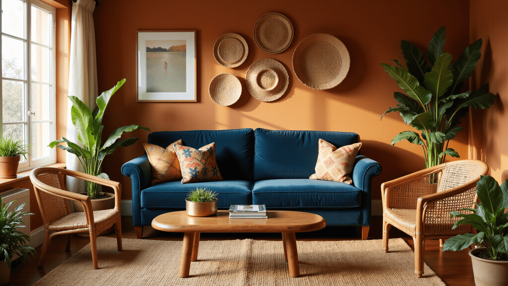 "Sunlit living room with rich earthy tones, indigo velvet sofa, wooden coffee table, Kente and jute rugs, and tropical plants, adorned with modern African art and woven baskets"