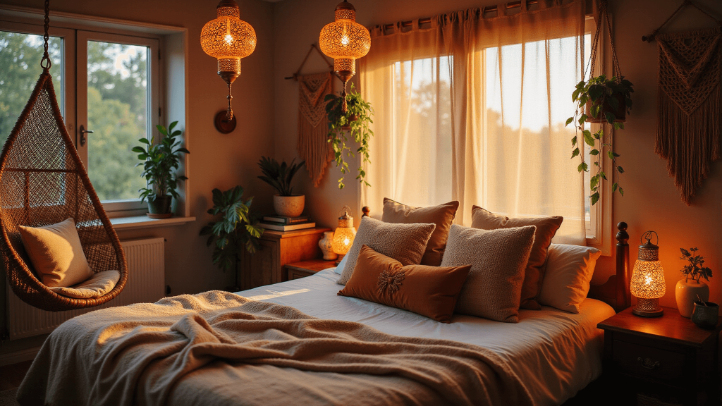 "Bohemian bedroom at twilight with Moroccan lanterns, rattan chair, macrame hangings, plants, warm lighting, textured pillows and vintage textiles"