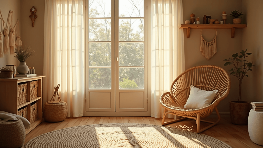 "Sunlit child's playroom with rattan chair, jute rug, macramé wall hangings, wooden toys on bamboo shelving, and soft cotton curtains"