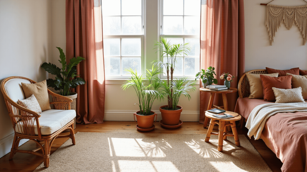 "Boho inspired bedroom with sunlit curtains, vintage rattan furniture, and earth-toned textiles in morning light"