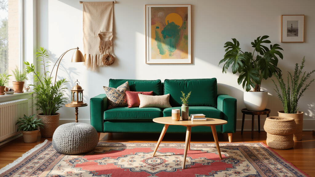 "Bohemian style living room with emerald velvet sofa, vintage Persian rugs, Moroccan lanterns, and indoor plants bathed in golden sunlight"