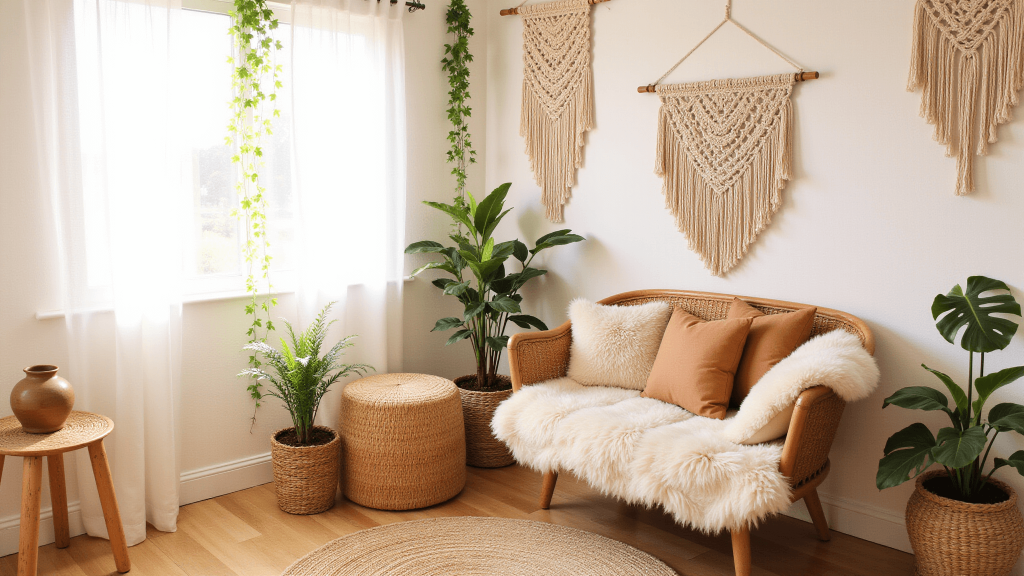 "Sunlit meditation nook with vintage peacock chair, macramé wall hangings, trailing plants, and golden hour lighting"