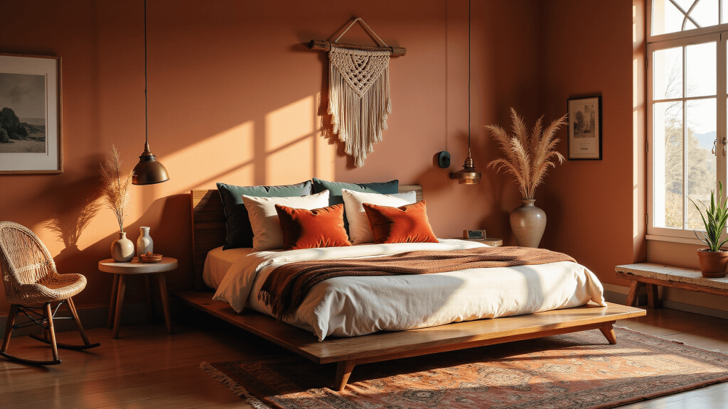 "Sunlit bohemian bedroom with terracotta walls, walnut platform bed, velvet pillows, a vintage Persian rug, brass accents, macramé hanging, and warm lighting."