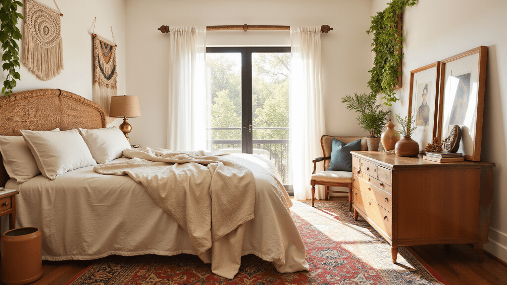 "Vintage boho bedroom with rattan peacock headboard, Persian and jute rugs, macramé art, potted pothos plants, brass lamps and earth-toned bedding bathed in warm, golden light."