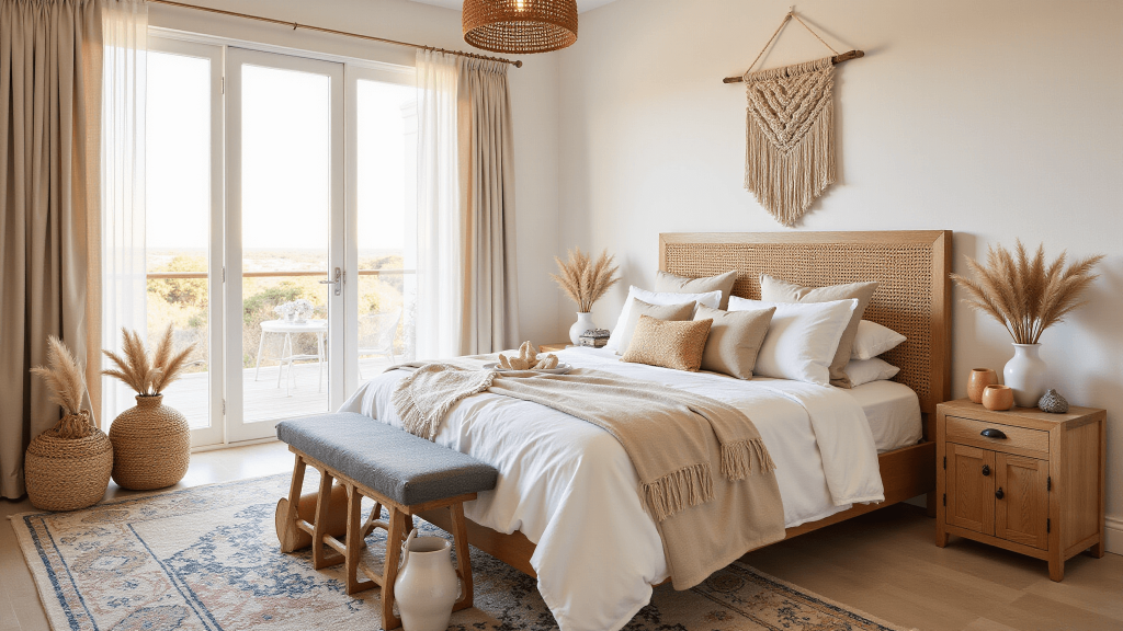 "Coastal boho bedroom with rattan headboard, macramé wall decor, and soft lighting at golden hour"