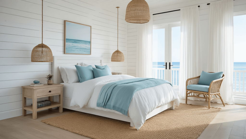 "Coastal chic bedroom with white shiplap walls, king bed, jute rug, blue accents, and natural light through sheer curtains"