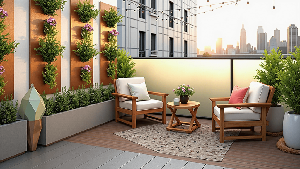 "Urban balcony with bistro set, vertical garden, and string lights during golden hour"