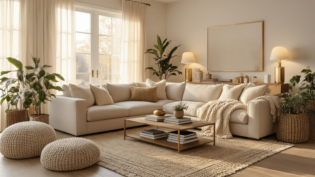 "Cozy living room with beige sectional sofa, vintage rugs, brass accents, and warm sunlight streaming through sheer curtains"