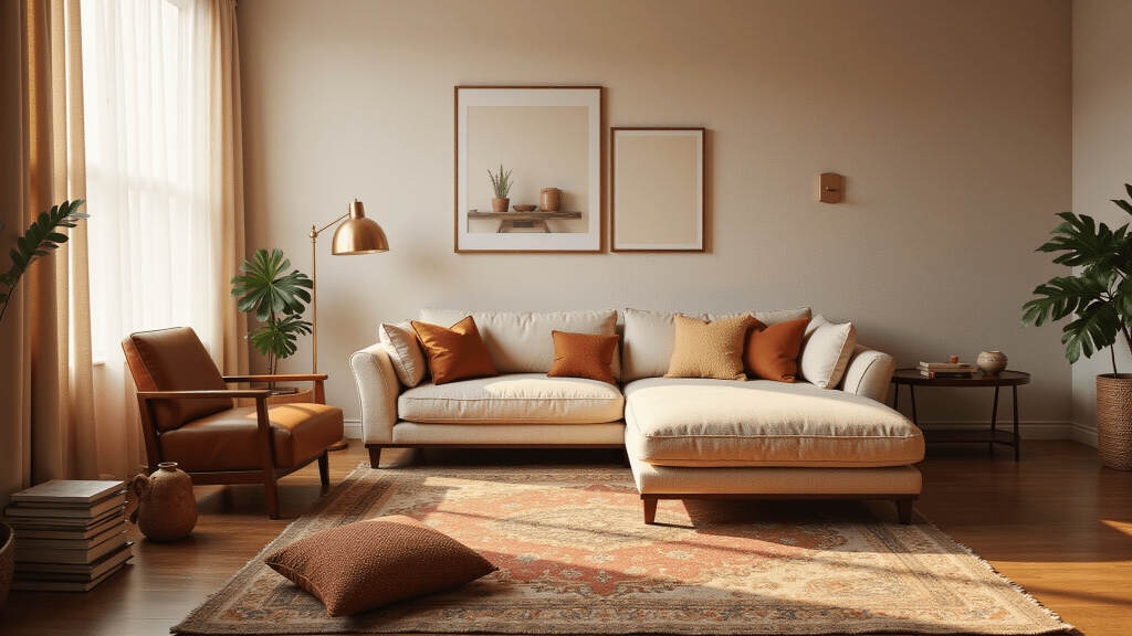 "Sunlit living room with cream walls, oatmeal sectional sofa, and cognac leather armchair during golden hour with layered rugs, brass floor lamps, and warm ambient lighting"