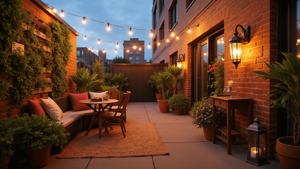 "Cozy urban patio at sunset with string lights, a bistro set, vertical garden wall, Moroccan lanterns, and outdoor textiles"