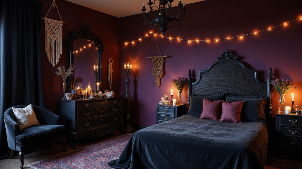 "Mystical gothic boho bedroom with black rattan headboard, jewel-toned velvet bedding, vintage Victorian furniture, macramé and crystals, illuminated by soft candlelight and string lights wrapped in gauzy fabric"