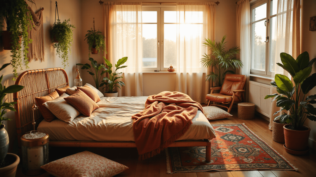 "Boho bedroom with warm golden light, rattan bed, vintage decor, lush plants, and brass accents."