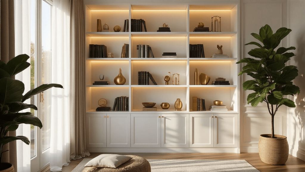 "Elegant living room with built-in white bookshelves showcasing books and brass decor, bathed in golden hour sunlight, with a large fiddle leaf fig plant"