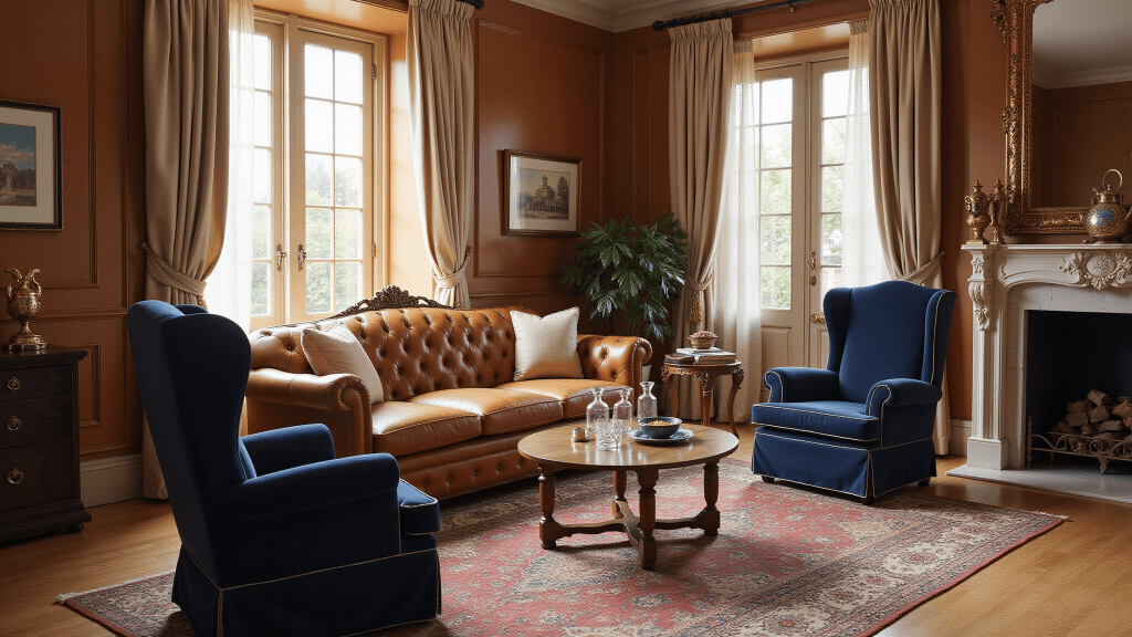 "Elegant living room with cognac leather Chesterfield sofa, navy velvet wingback chairs, Persian rug, and antique decor in warm afternoon light"