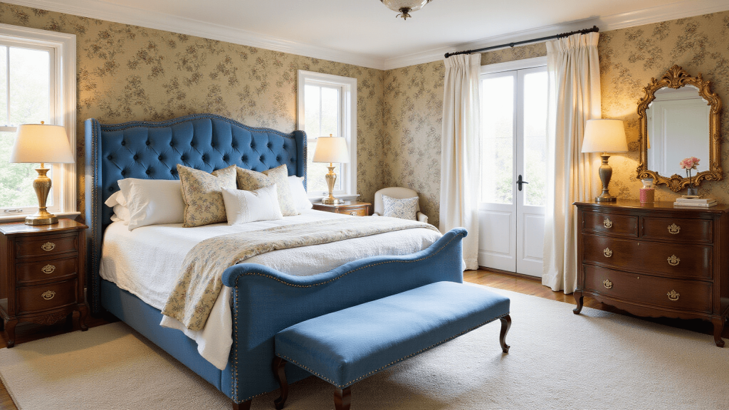 "Sunlit grandmillennial style bedroom featuring a blue tufted bed, floral bedding, chinoiserie wallpaper, a brass mirror, and a mahogany dresser under warm golden hour lighting."