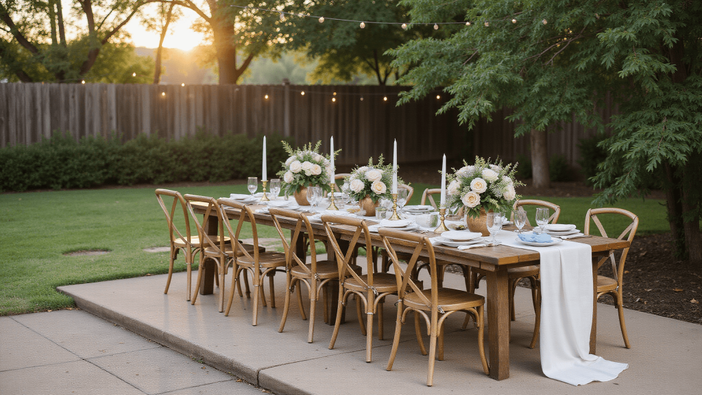 "Intimate backyard wedding set up with vintage harvest table, ivory linens, brass candlesticks, blush roses in copper vessels, under oak trees and string lights at golden hour, creating a warm romantic atmosphere on a stone patio"