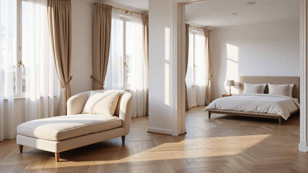"Luxurious bedroom interior with ivory velvet chaise lounge, brass accents, herringbone oak floors and natural sunlight streaming through windows"