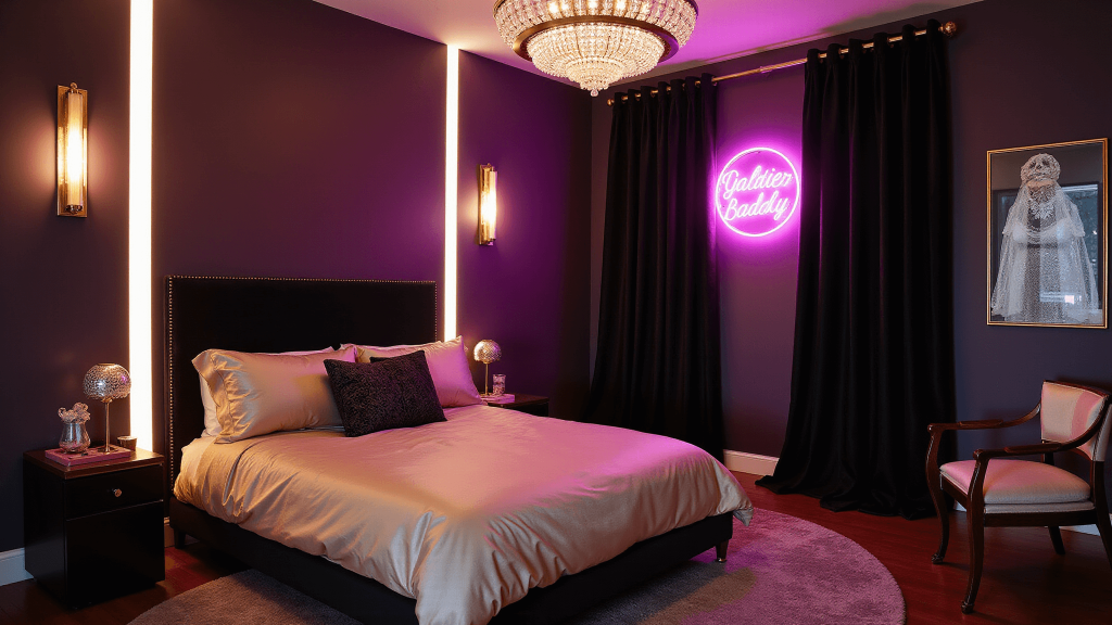 "Luxurious bedroom with aubergine walls, black velvet headboard, gold silk bedding, crystal chandelier, neon lighting, and black drapes"